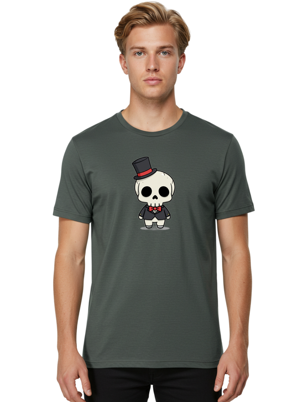 Skeleton-Gentleman Men'S Graphic Tee, 100% Cotton, Comfortable Casual Summer Wear, Machine Washable, Cartoon Skeleton, Gentleman Attire, Top Hat, Bow Tie, Spooky Chic, Halloween Style, Formal Wear, Skull Character, Kawaii Aesthetic, Bad572