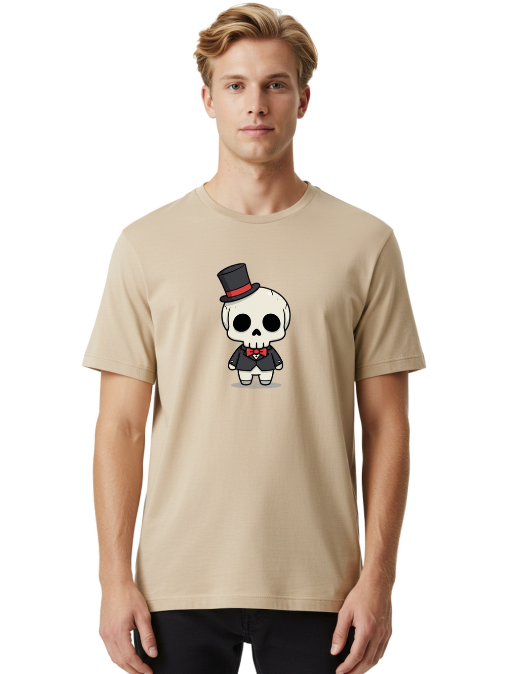 Skeleton-Gentleman Men'S Graphic Tee, 100% Cotton, Comfortable Casual Summer Wear, Machine Washable, Cartoon Skeleton, Gentleman Attire, Top Hat, Bow Tie, Spooky Chic, Halloween Style, Formal Wear, Skull Character, Kawaii Aesthetic, Bad572