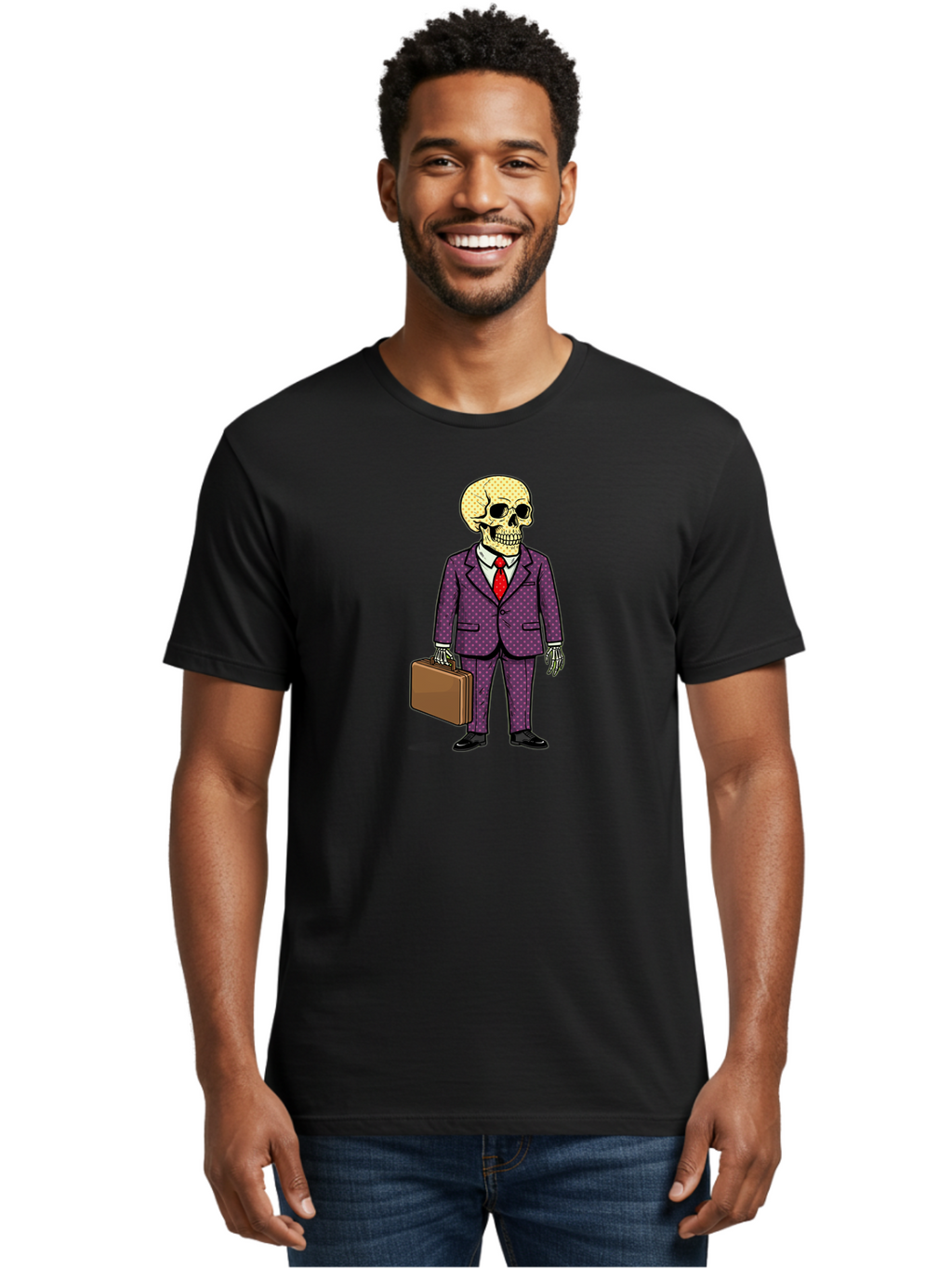 Skeleton-In-Suit-1 Men'S Graphic Tee, 100% Cotton, Comfortable Casual Summer Wear, Machine Washable, Skeleton In Business Attire, Formal Wear, Corporate Style, Briefcase, Red Tie, White Shirt, Purple Suit, Dot Pattern, Skull, Bones, Bad573