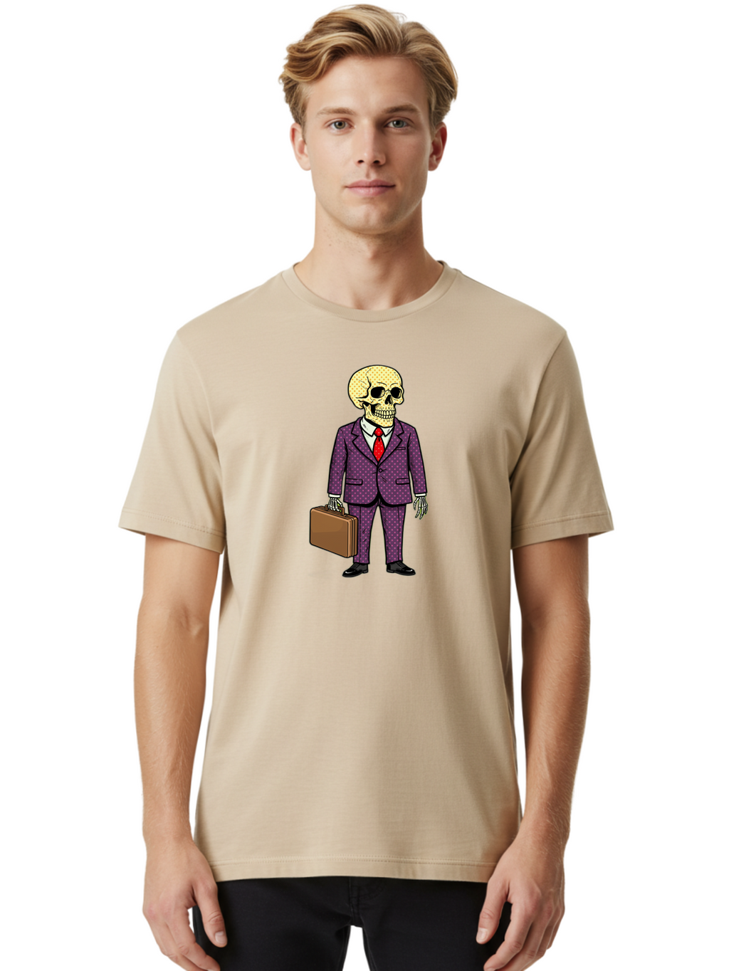 Skeleton-In-Suit-1 Men'S Graphic Tee, 100% Cotton, Comfortable Casual Summer Wear, Machine Washable, Skeleton In Business Attire, Formal Wear, Corporate Style, Briefcase, Red Tie, White Shirt, Purple Suit, Dot Pattern, Skull, Bones, Bad573