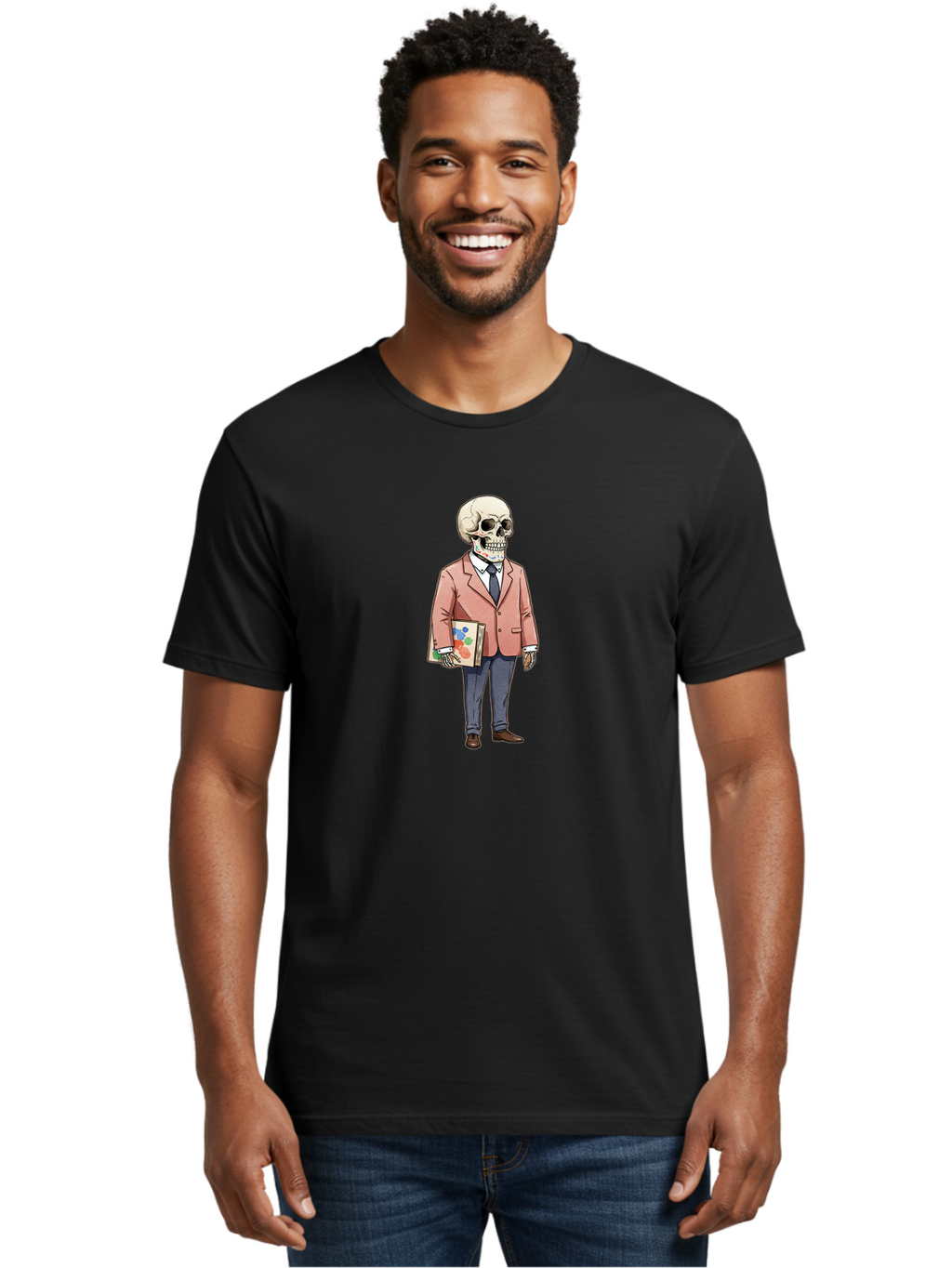 Skeleton-In-Suit-2 Men'S Graphic Tee, 100% Cotton, Comfortable Casual Summer Wear, Machine Washable, Cartoon Skeleton, Formal Attire, Business Suit, Holding Books, Anatomy Education, Quirky Illustration, Unique Art Style, Surreal Character, Bad574