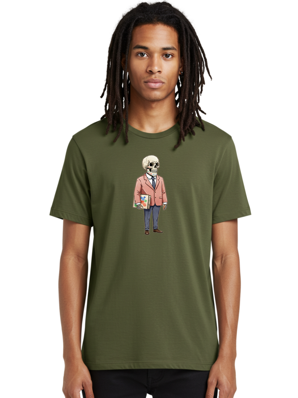 Skeleton-In-Suit-2 Men'S Graphic Tee, 100% Cotton, Comfortable Casual Summer Wear, Machine Washable, Cartoon Skeleton, Formal Attire, Business Suit, Holding Books, Anatomy Education, Quirky Illustration, Unique Art Style, Surreal Character, Bad574