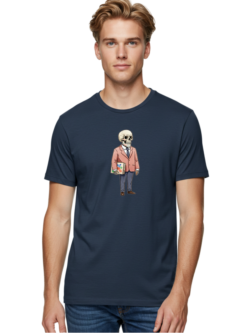 Skeleton-In-Suit-2 Men'S Graphic Tee, 100% Cotton, Comfortable Casual Summer Wear, Machine Washable, Cartoon Skeleton, Formal Attire, Business Suit, Holding Books, Anatomy Education, Quirky Illustration, Unique Art Style, Surreal Character, Bad574