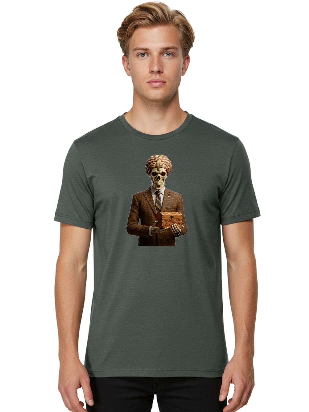 Skeleton-In-Suit-Holding-Box Men'S Graphic Tee, 100% Cotton, Comfortable Casual Summer Wear, Machine Washable, Skeleton Wearing A Suit, Holding A Treasure Chest, Striped Tie, Turban On Head, Business Attire, Mysterious Figure, Ornate Box, Bad575
