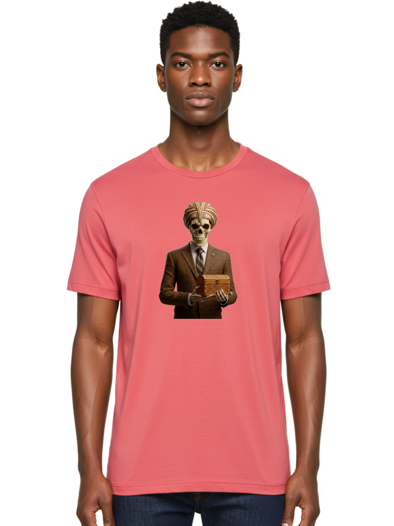 Skeleton-In-Suit-Holding-Box Men'S Graphic Tee, 100% Cotton, Comfortable Casual Summer Wear, Machine Washable, Skeleton Wearing A Suit, Holding A Treasure Chest, Striped Tie, Turban On Head, Business Attire, Mysterious Figure, Ornate Box, Bad575