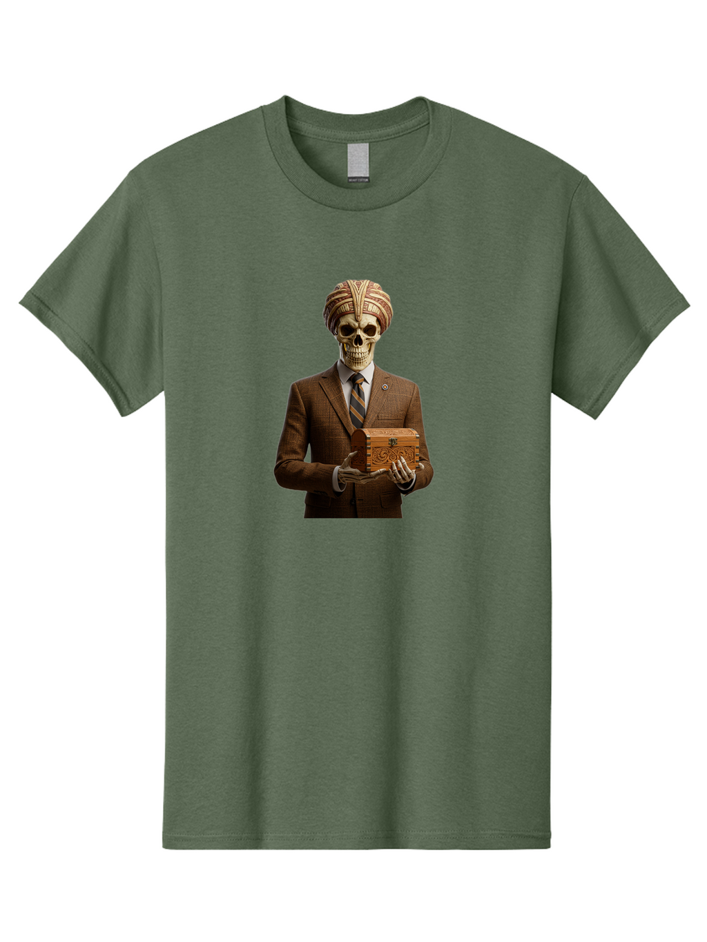 Skeleton-In-Suit-Holding-Box Men'S Graphic Tee, 100% Cotton, Comfortable Casual Summer Wear, Machine Washable, Skeleton Wearing A Suit, Holding A Treasure Chest, Striped Tie, Turban On Head, Business Attire, Mysterious Figure, Ornate Box, Bad575