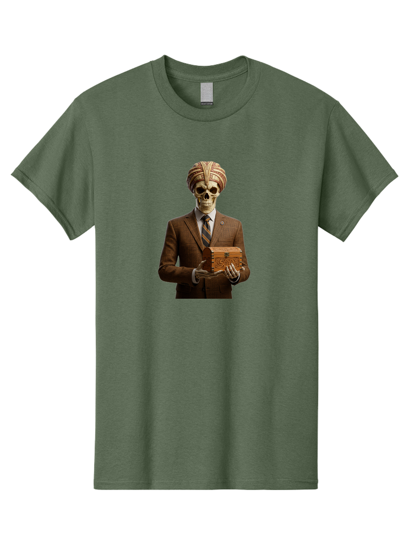 Skeleton-In-Suit-Holding-Box Men'S Graphic Tee, 100% Cotton, Comfortable Casual Summer Wear, Machine Washable, Skeleton Wearing A Suit, Holding A Treasure Chest, Striped Tie, Turban On Head, Business Attire, Mysterious Figure, Ornate Box, Bad575