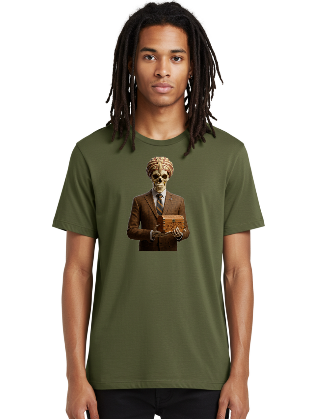 Skeleton-In-Suit-Holding-Box Men'S Graphic Tee, 100% Cotton, Comfortable Casual Summer Wear, Machine Washable, Skeleton Wearing A Suit, Holding A Treasure Chest, Striped Tie, Turban On Head, Business Attire, Mysterious Figure, Ornate Box, Bad575