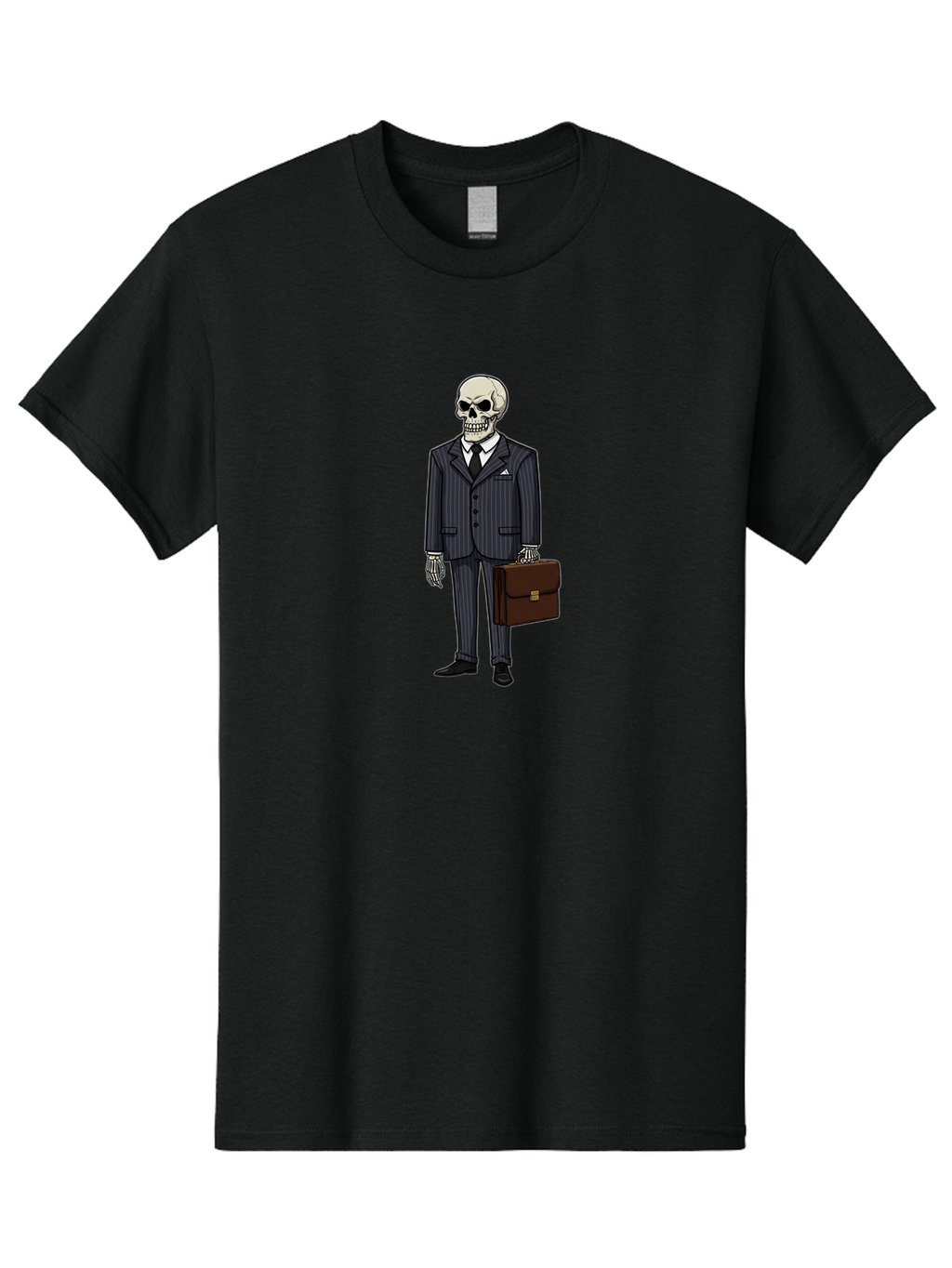 Skeleton-In-Suit Men'S Graphic Tee, 100% Cotton, Comfortable Casual Summer Wear, Machine Washable, Skeleton Wearing A Suit, Briefcase In Hand, Business Attire, Formal Wear, Black Tie, White Shirt, Striped Pants, Corporate Style, Spooky, Bad576