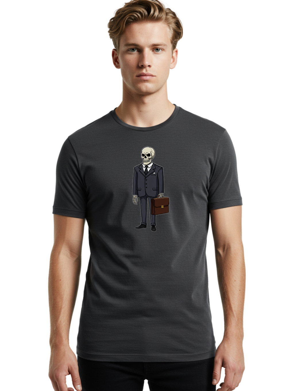 Skeleton-In-Suit Men'S Graphic Tee, 100% Cotton, Comfortable Casual Summer Wear, Machine Washable, Skeleton Wearing A Suit, Briefcase In Hand, Business Attire, Formal Wear, Black Tie, White Shirt, Striped Pants, Corporate Style, Spooky, Bad576