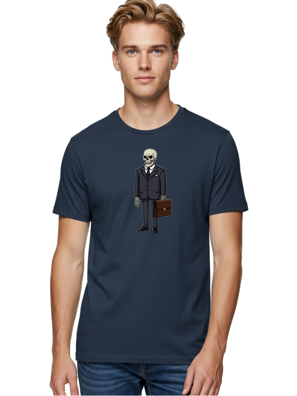 Skeleton-In-Suit Men'S Graphic Tee, 100% Cotton, Comfortable Casual Summer Wear, Machine Washable, Skeleton Wearing A Suit, Briefcase In Hand, Business Attire, Formal Wear, Black Tie, White Shirt, Striped Pants, Corporate Style, Spooky, Bad576