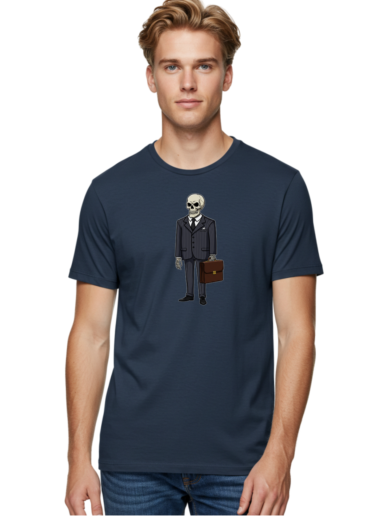 Skeleton-In-Suit Men'S Graphic Tee, 100% Cotton, Comfortable Casual Summer Wear, Machine Washable, Skeleton Wearing A Suit, Briefcase In Hand, Business Attire, Formal Wear, Black Tie, White Shirt, Striped Pants, Corporate Style, Spooky, Bad576