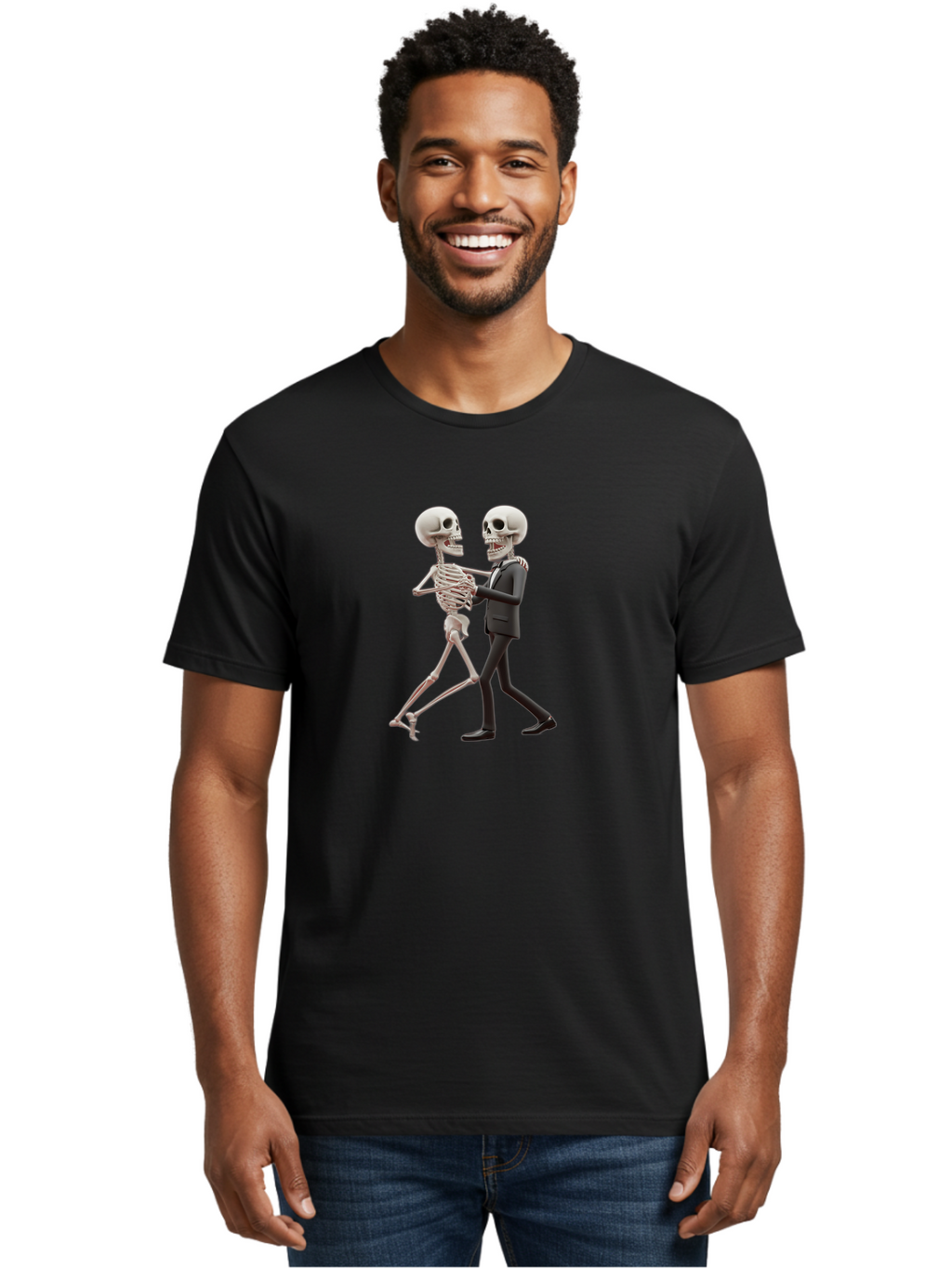 Skeletons-Dancing Men'S Graphic Tee, 100% Cotton, Comfortable Casual Summer Wear, Machine Washable, Skeletons Dancing Together, Humorous Scene, Unique Visuals, Creative Art, 3D Artistry, Skeleton In Suit, Quirky Character Design, Dance Move, Bad577