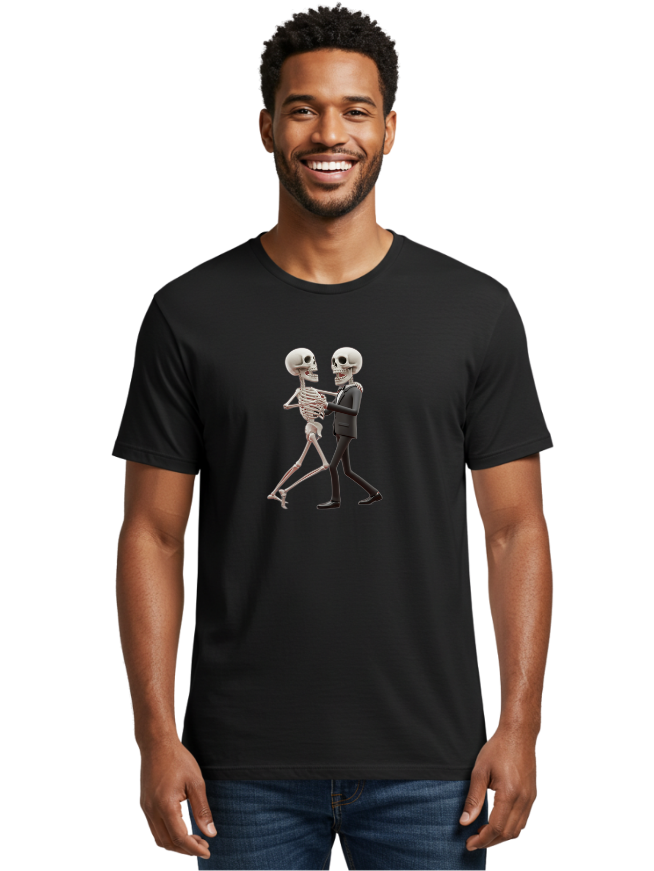 Skeletons-Dancing Men'S Graphic Tee, 100% Cotton, Comfortable Casual Summer Wear, Machine Washable, Skeletons Dancing Together, Humorous Scene, Unique Visuals, Creative Art, 3D Artistry, Skeleton In Suit, Quirky Character Design, Dance Move, Bad577