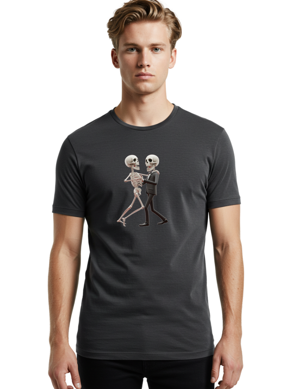 Skeletons-Dancing Men'S Graphic Tee, 100% Cotton, Comfortable Casual Summer Wear, Machine Washable, Skeletons Dancing Together, Humorous Scene, Unique Visuals, Creative Art, 3D Artistry, Skeleton In Suit, Quirky Character Design, Dance Move, Bad577