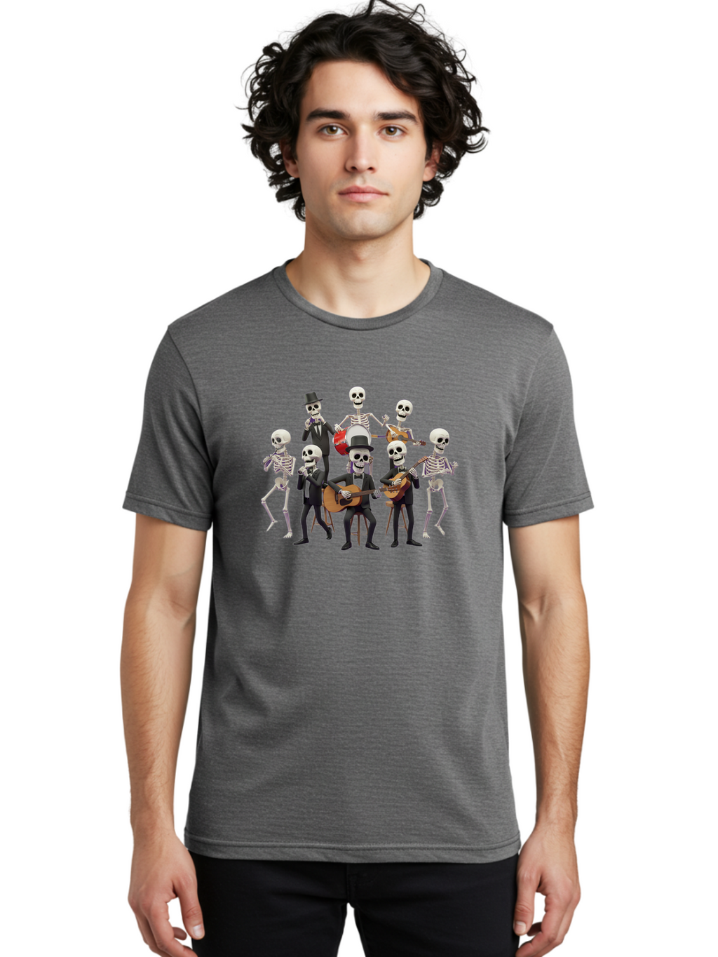 Skeletons-Playing-Music Men'S Graphic Tee, 100% Cotton, Comfortable Casual Summer Wear, Machine Washable, Skeletons In Suits, Playing Guitars, Dancing, Black Suits, Top Hats, Skulls, Bones, Musical Instruments, Mariachi Band, Day Of The Dead Bad578