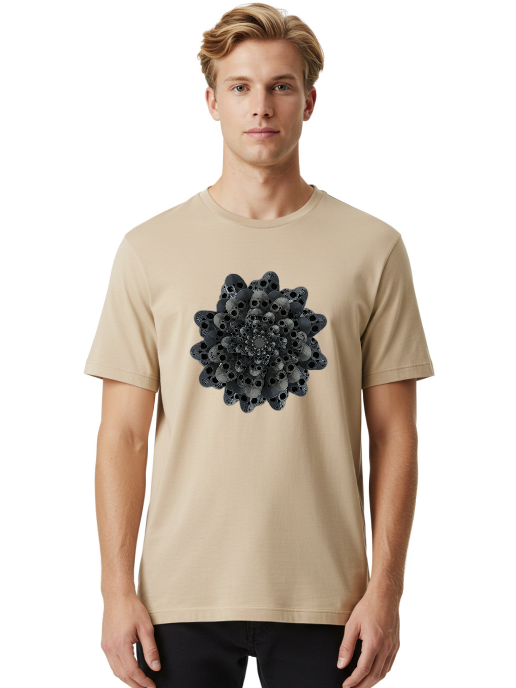 Skull-Cluster-1 Men'S Graphic Tee, 100% Cotton, Comfortable Casual Summer Wear, Machine Washable, Skull Flower, Human Skulls, Floral Arrangement, Dark Art, Gothic Decor, Skulls, Eerie Art, Dark Floral Design, Macabre Bad581