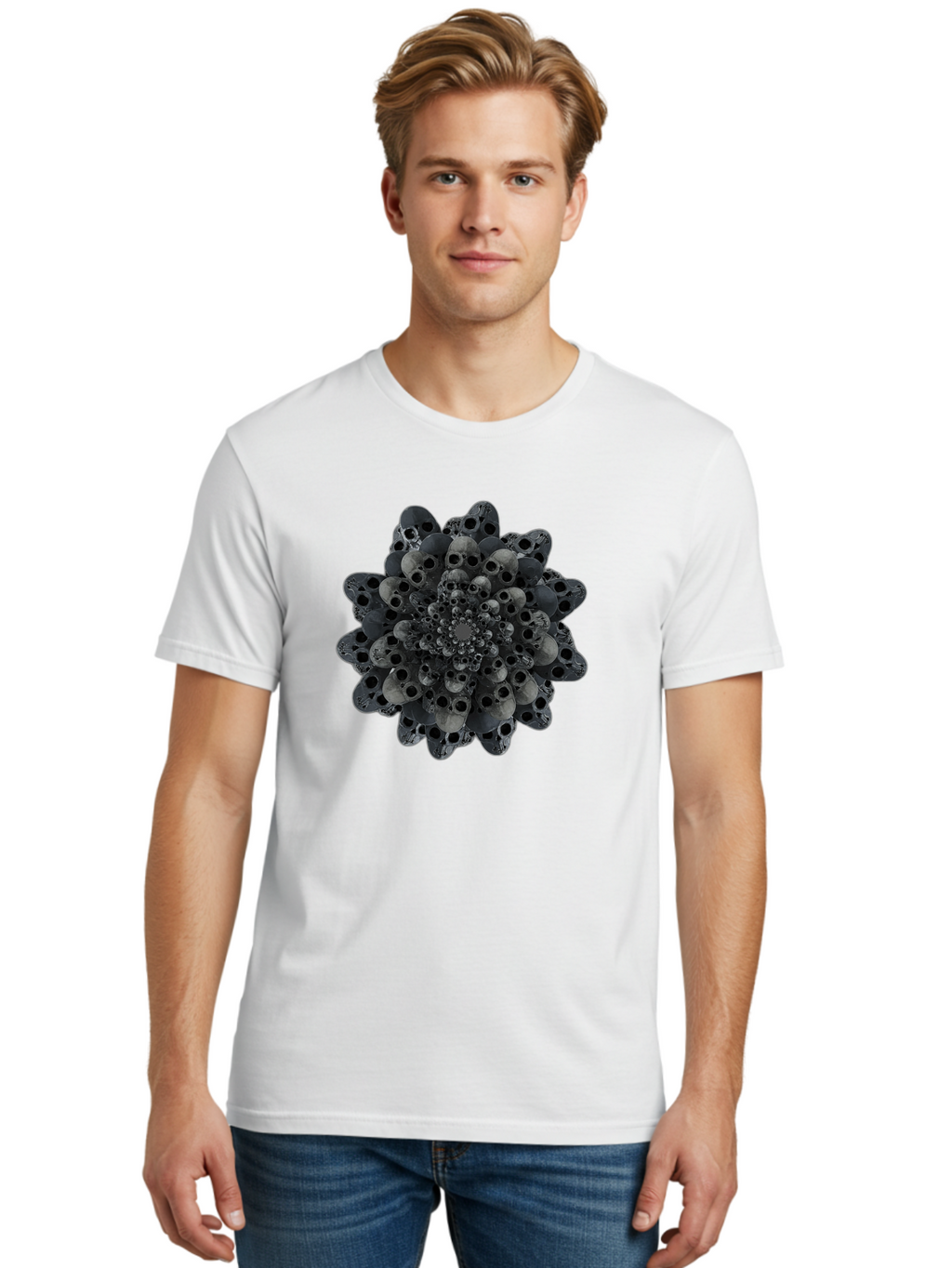 Skull-Cluster-1 Men'S Graphic Tee, 100% Cotton, Comfortable Casual Summer Wear, Machine Washable, Skull Flower, Human Skulls, Floral Arrangement, Dark Art, Gothic Decor, Skulls, Eerie Art, Dark Floral Design, Macabre Bad581