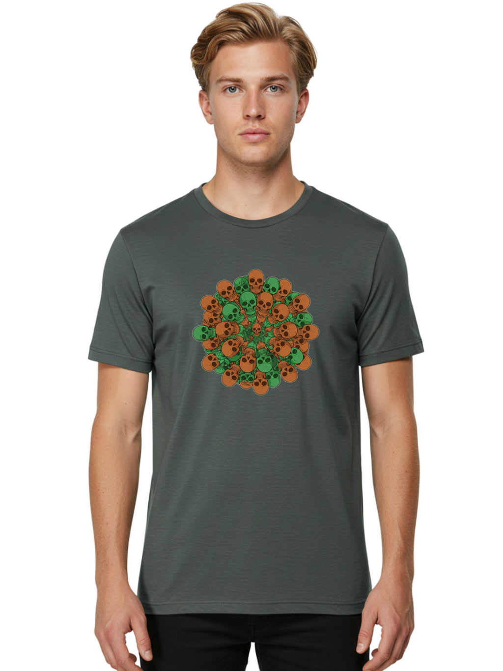 Skull-Cluster-2 Men'S Graphic Tee, 100% Cotton, Comfortable Casual Summer Wear, Machine Washable, Cluster Of Skulls, Orange And Green Skulls, Skull Illustration, Skull Design, Mortality Symbol, Death Theme, Gothic Art, Macabre Imagery Bad582