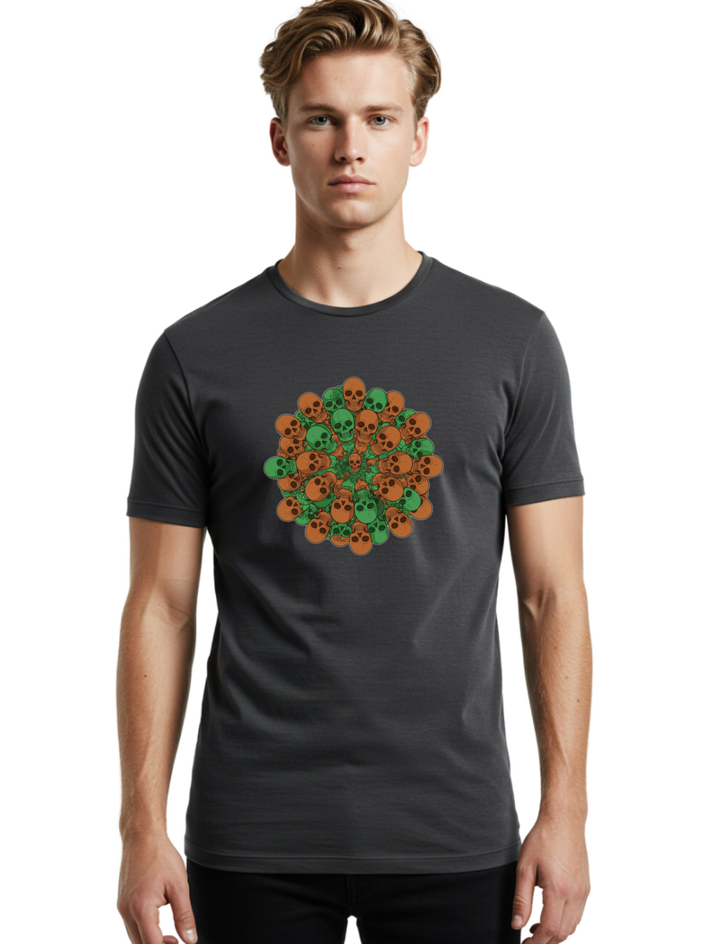 Skull-Cluster-2 Men'S Graphic Tee, 100% Cotton, Comfortable Casual Summer Wear, Machine Washable, Cluster Of Skulls, Orange And Green Skulls, Skull Illustration, Skull Design, Mortality Symbol, Death Theme, Gothic Art, Macabre Imagery Bad582