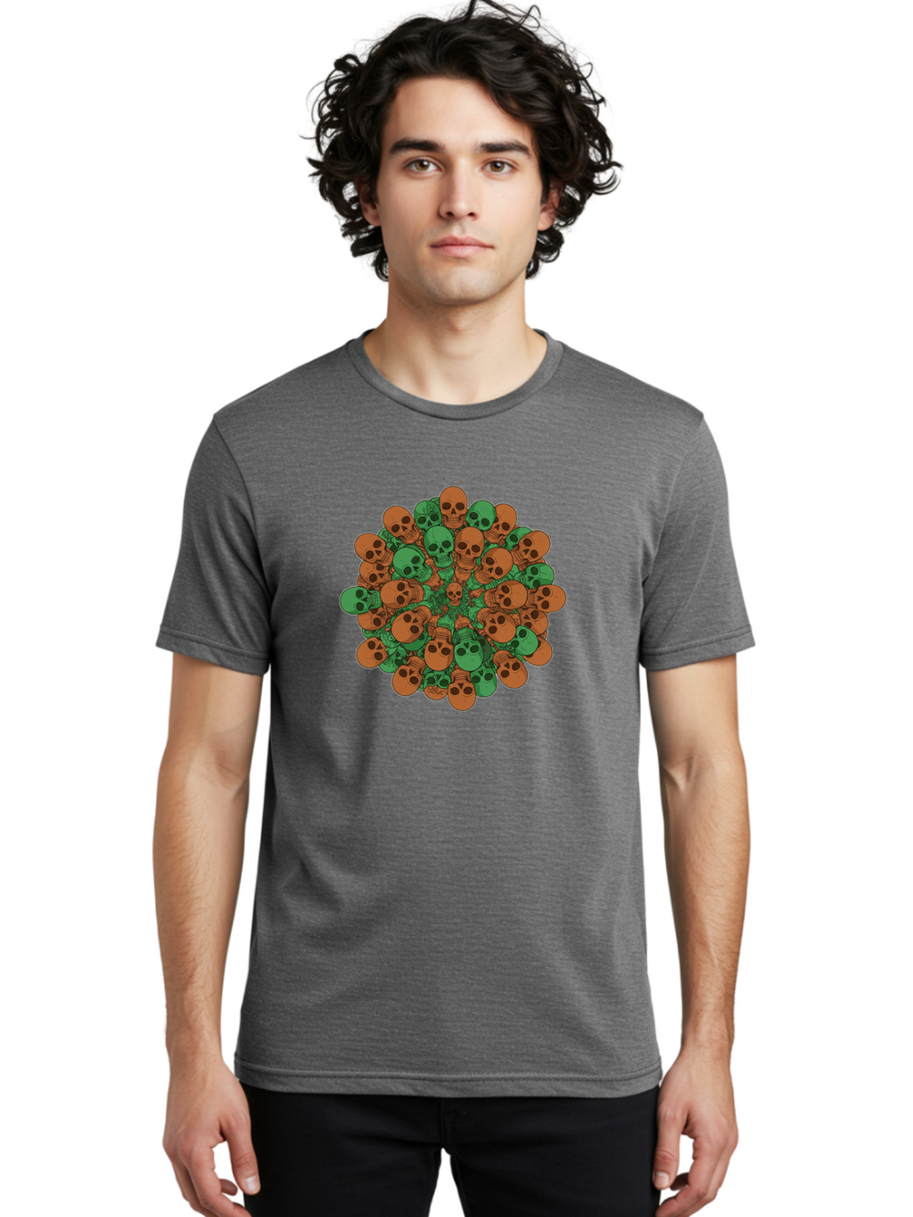 Skull-Cluster-2 Men'S Graphic Tee, 100% Cotton, Comfortable Casual Summer Wear, Machine Washable, Cluster Of Skulls, Orange And Green Skulls, Skull Illustration, Skull Design, Mortality Symbol, Death Theme, Gothic Art, Macabre Imagery Bad582