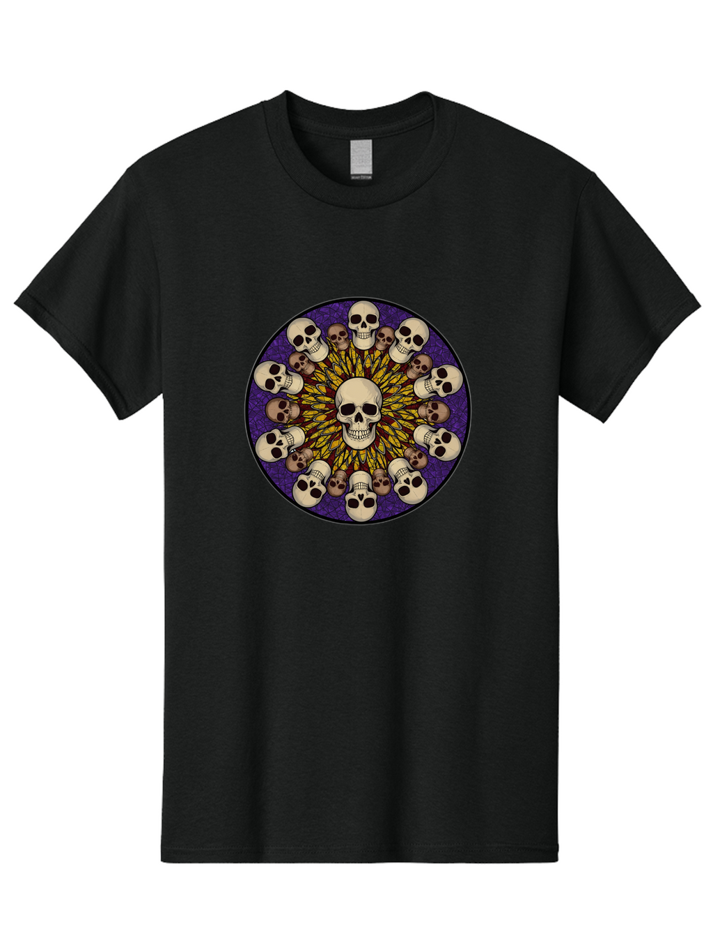 Skull-Explosion Men'S Graphic Tee, 100% Cotton, Comfortable Casual Summer Wear, Machine Washable, Skull Mandala, Human Skulls, Intricate Design, Purple Background, Abstract Art, Alternative Culture, Gothic Art, Yellow Rays, Circle Pattern, Bad584