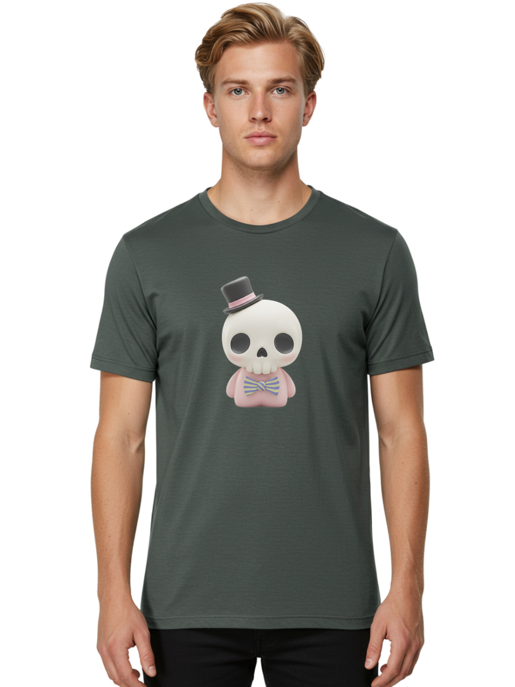 Skull-Figurine Men'S Graphic Tee, 100% Cotton, Comfortable Casual Summer Wear, Machine Washable, Skull Toy, Figurine With Top Hat, Bow Tie, Pink Shirt, Cartoon Character, Novelty Item, Quirky Decor, Funny Gift, Pastel Colors, Humorous Design, Bad585
