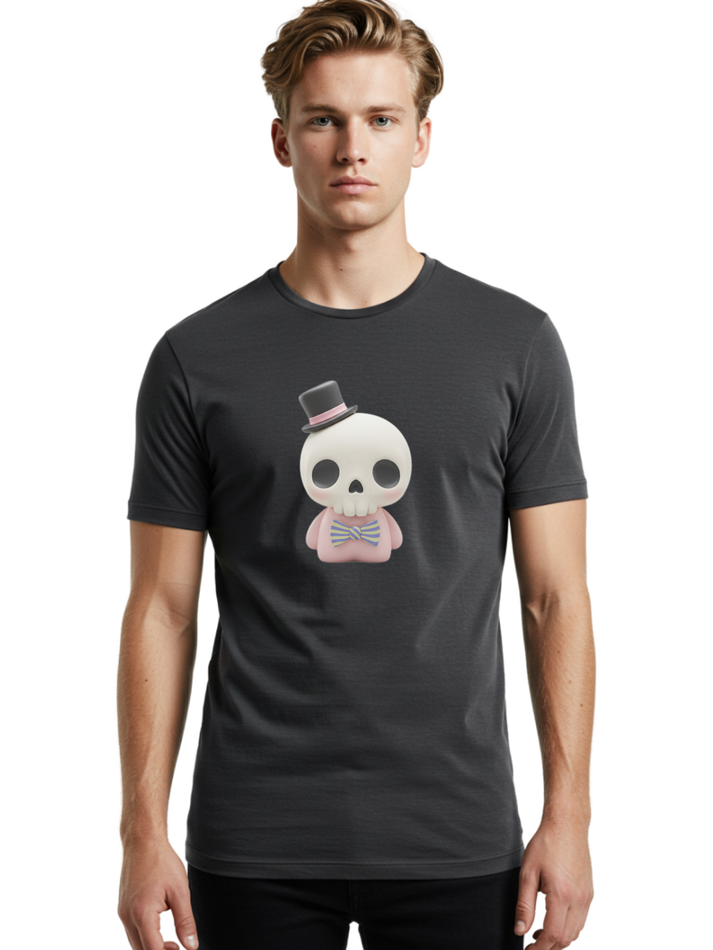 Skull-Figurine Men'S Graphic Tee, 100% Cotton, Comfortable Casual Summer Wear, Machine Washable, Skull Toy, Figurine With Top Hat, Bow Tie, Pink Shirt, Cartoon Character, Novelty Item, Quirky Decor, Funny Gift, Pastel Colors, Humorous Design, Bad585