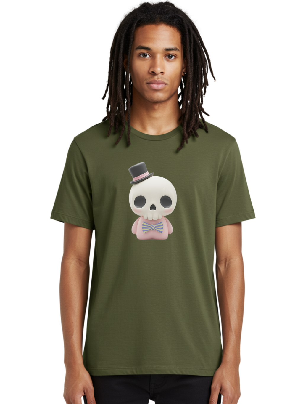 Skull-Figurine Men'S Graphic Tee, 100% Cotton, Comfortable Casual Summer Wear, Machine Washable, Skull Toy, Figurine With Top Hat, Bow Tie, Pink Shirt, Cartoon Character, Novelty Item, Quirky Decor, Funny Gift, Pastel Colors, Humorous Design, Bad585