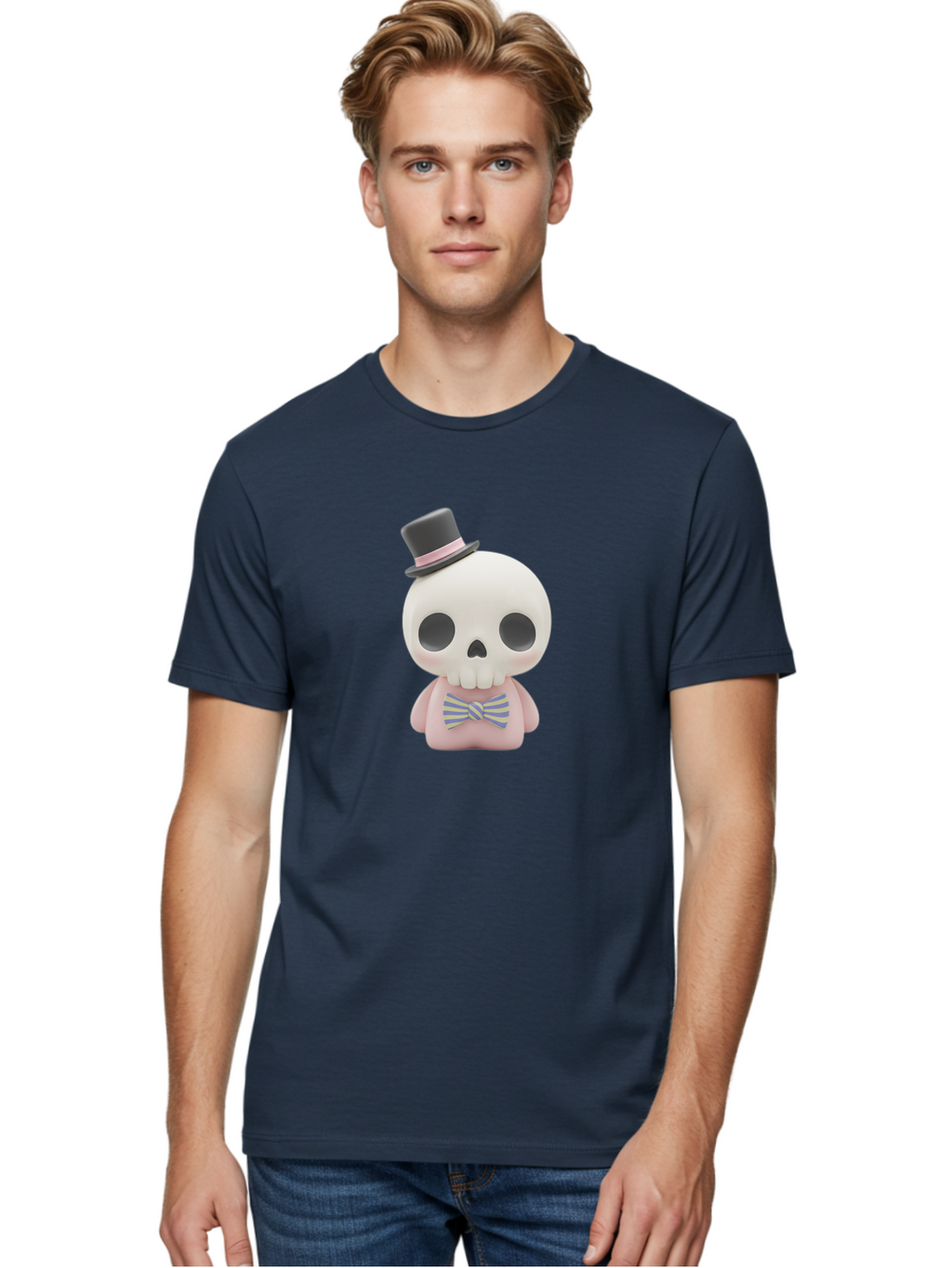 Skull-Figurine Men'S Graphic Tee, 100% Cotton, Comfortable Casual Summer Wear, Machine Washable, Skull Toy, Figurine With Top Hat, Bow Tie, Pink Shirt, Cartoon Character, Novelty Item, Quirky Decor, Funny Gift, Pastel Colors, Humorous Design, Bad585