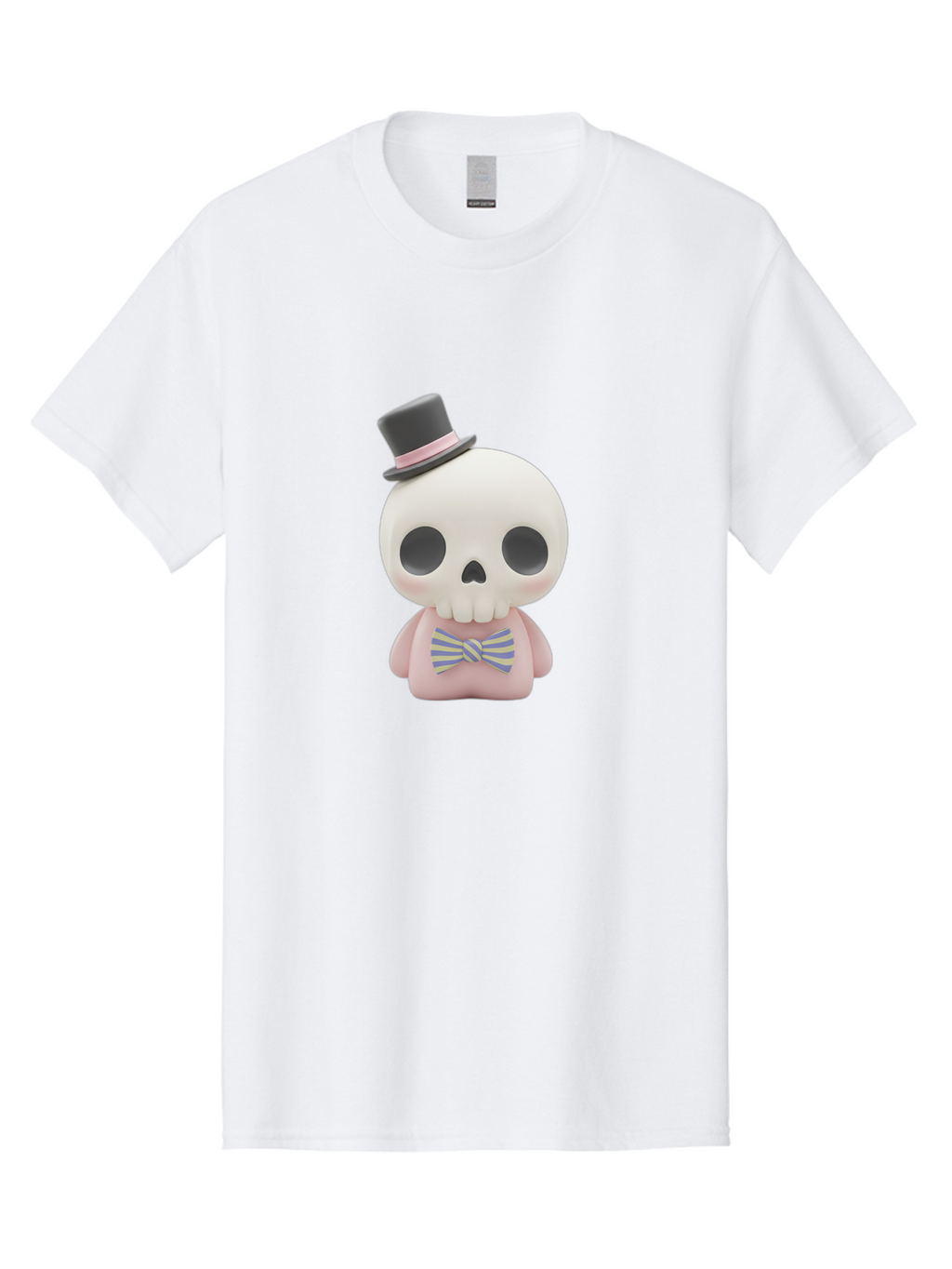 Skull-Figurine Men'S Graphic Tee, 100% Cotton, Comfortable Casual Summer Wear, Machine Washable, Skull Toy, Figurine With Top Hat, Bow Tie, Pink Shirt, Cartoon Character, Novelty Item, Quirky Decor, Funny Gift, Pastel Colors, Humorous Design, Bad585