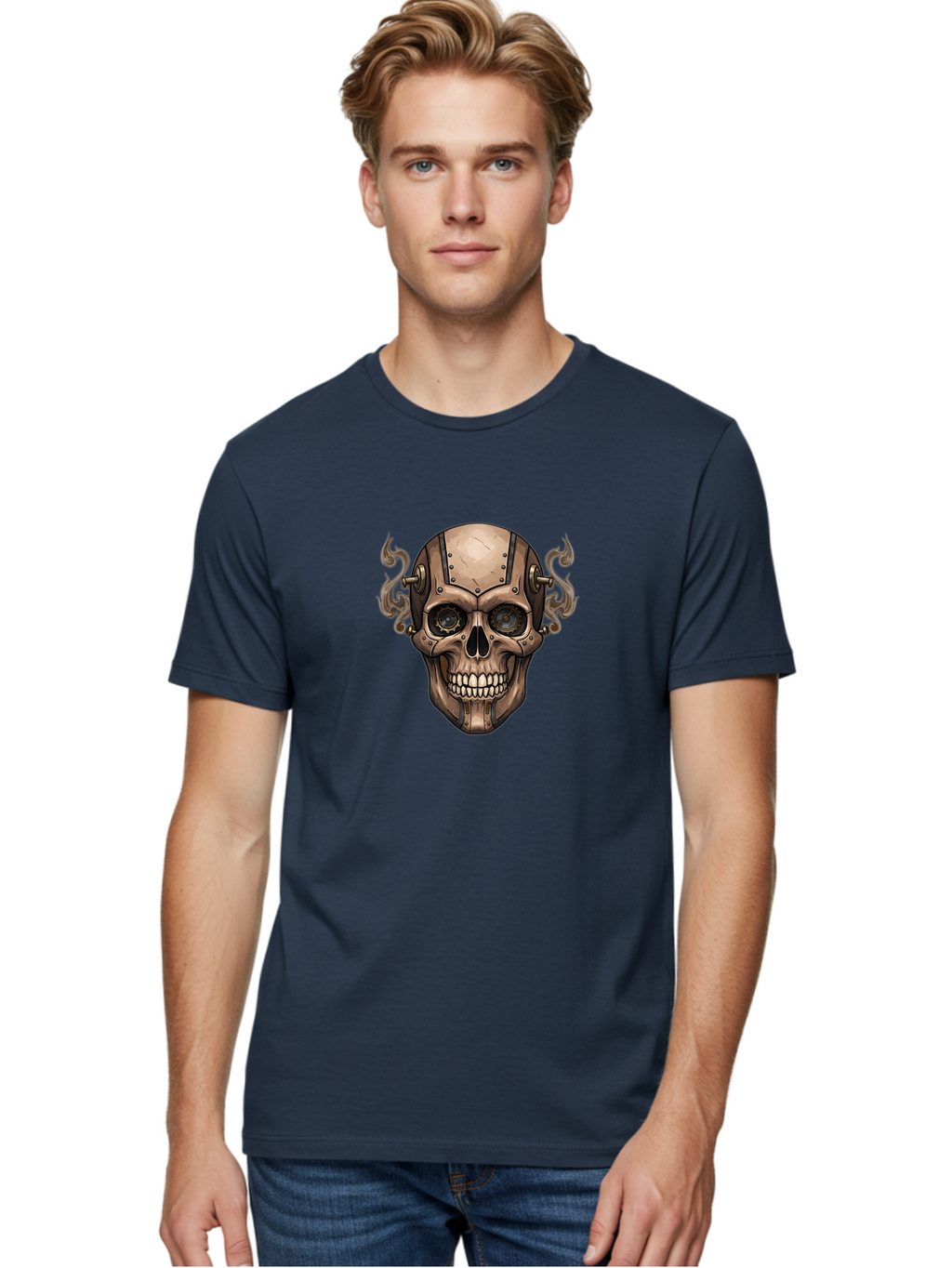 Skull-Head Men'S Graphic Tee, 100% Cotton, Comfortable Casual Summer Wear, Machine Washable, Cyberpunk Skull, Steampunk Art, Mechanical Skull, Robotic Skull, Metallic Skeleton, Futuristic Design, Industrial Tech, Sci-Fi, Bad586