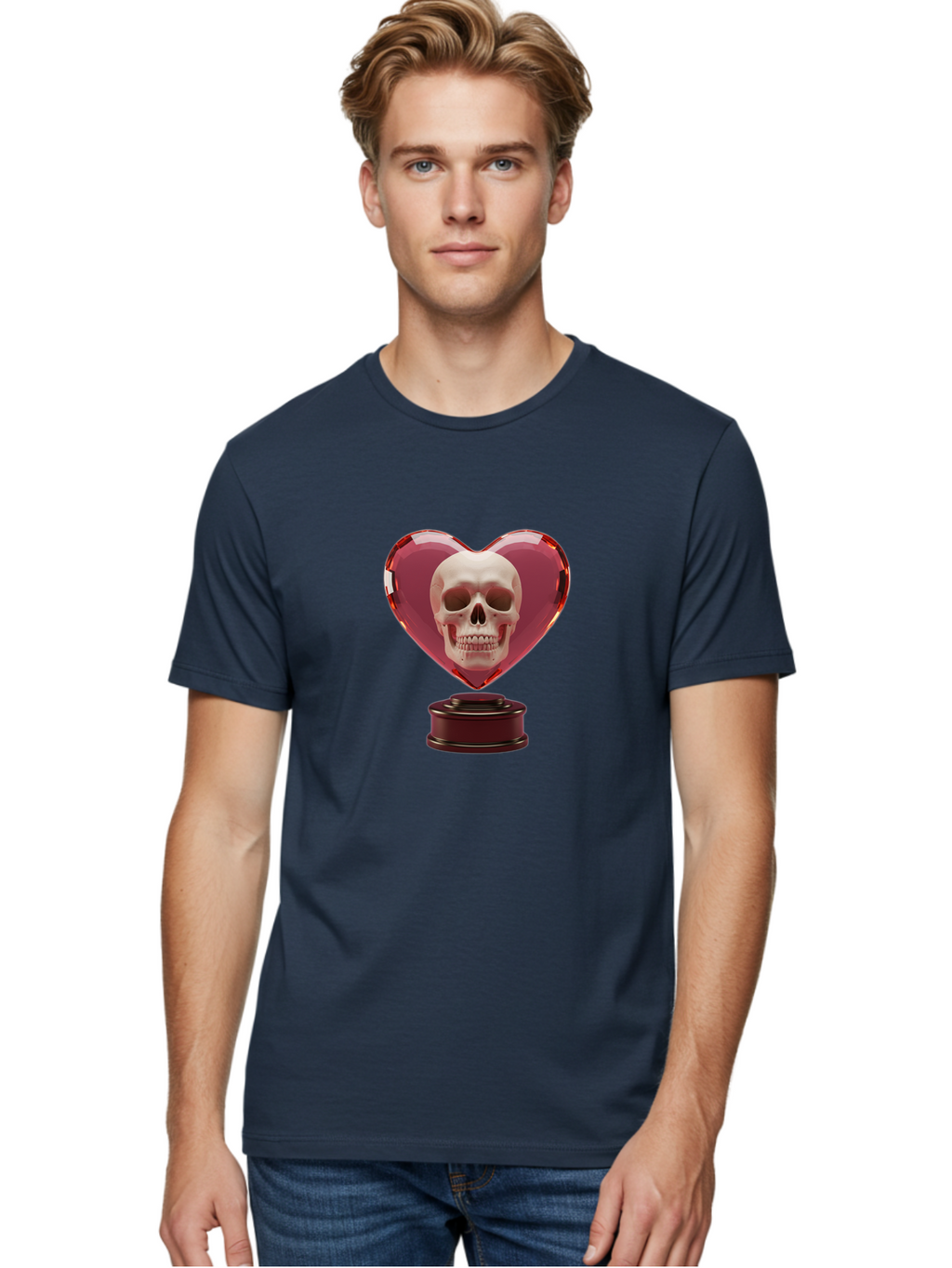 Skull-Heart-Trophy Men'S Graphic Tee, 100% Cotton, Comfortable Casual Summer Wear, Machine Washable, Human Skull, Heart-Shaped Frame, Gothic Decor, Dark Art, Strange Art, Unique Collectible, Dark Romance, Gothic Aesthetic, Unusual Trophy Bad587