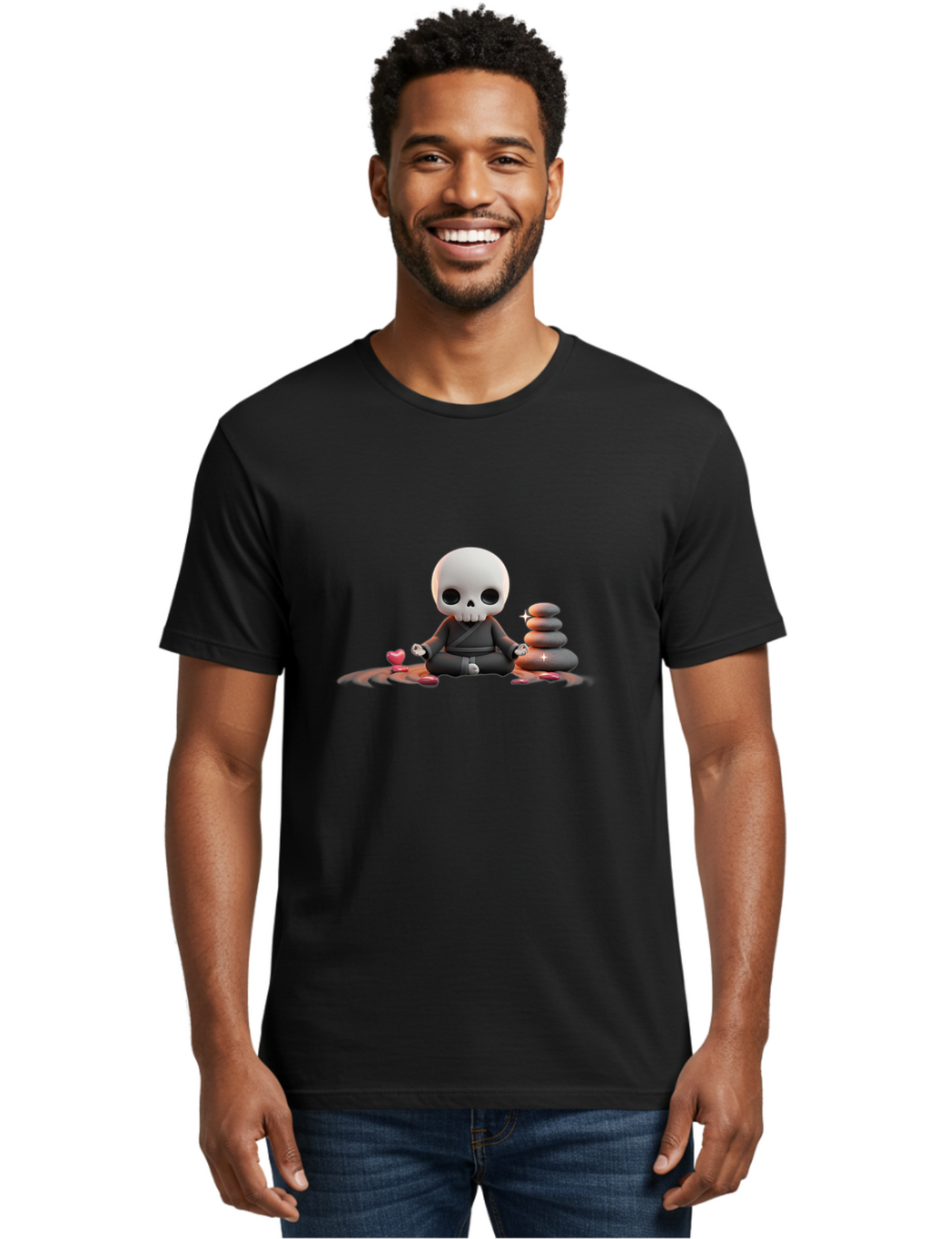 Skull-In-Meditation Men'S Graphic Tee, 100% Cotton, Comfortable Casual Summer Wear, Machine Washable, Meditating Skull, Zen Rocks, Balance And Harmony, Peaceful Atmosphere, Lotus Position, Mindfulness, Meditation, Zen Stones, Calmness, Bad589