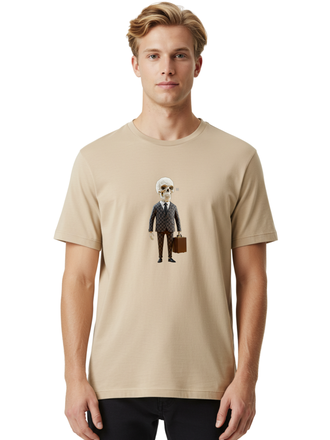 Skull-In-Suit-2 Men'S Graphic Tee, 100% Cotton, Comfortable Casual Summer Wear, Machine Washable, Skeleton In Business Attire, Checkered Suit, Briefcase, Black Tie, White Shirt, Formal Wear, Spooky Skeleton, Business Professional, Bad591