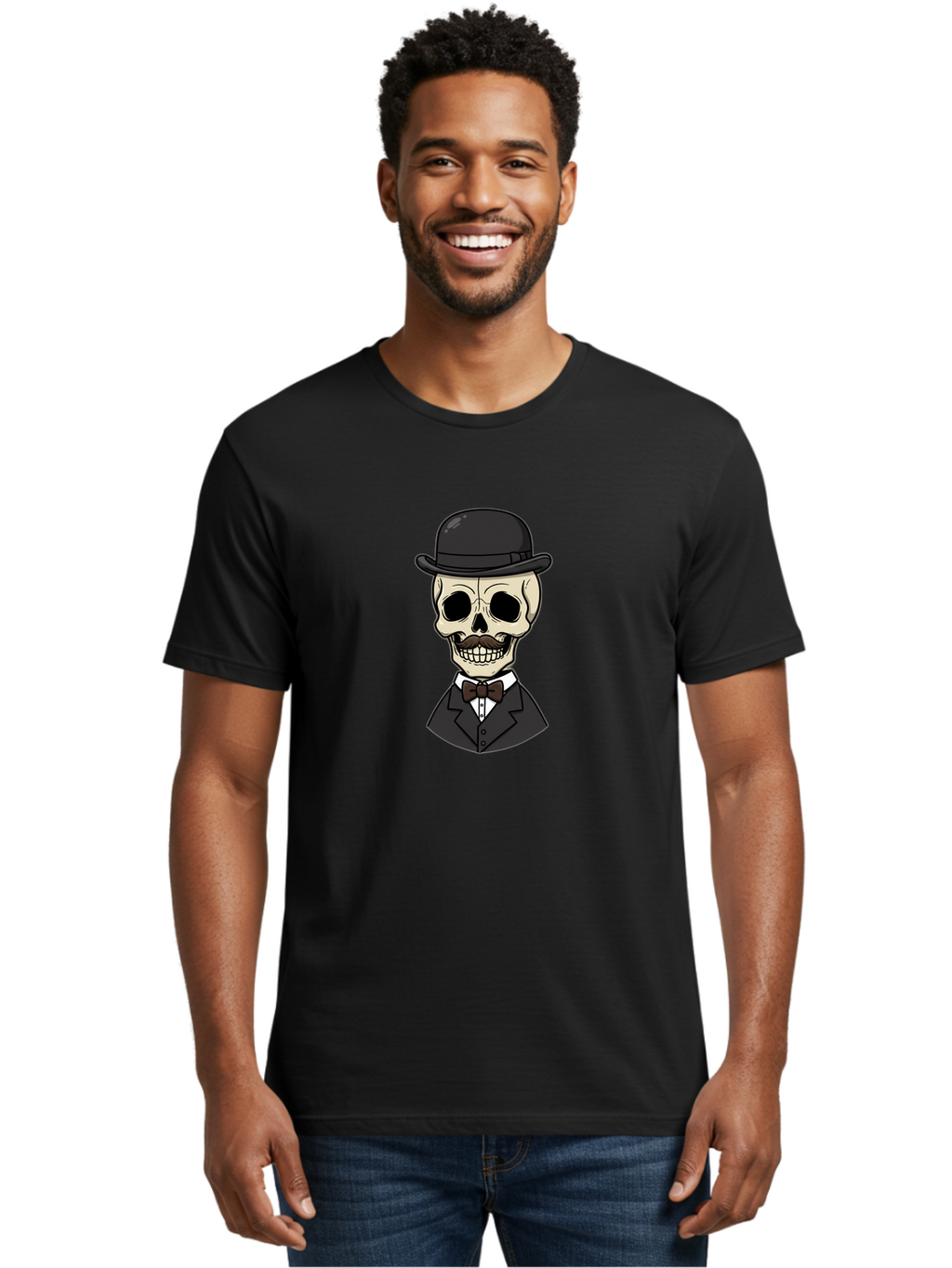 Skull-In-Suit Men'S Graphic Tee, 100% Cotton, Comfortable Casual Summer Wear, Machine Washable, Cartoon Skull, Bowler Hat, Black Suit, Bow Tie, White Shirt, Death Style, Gothic Fashion, Spooky Character, Halloween Theme, Skeleton Illustration, Bad592