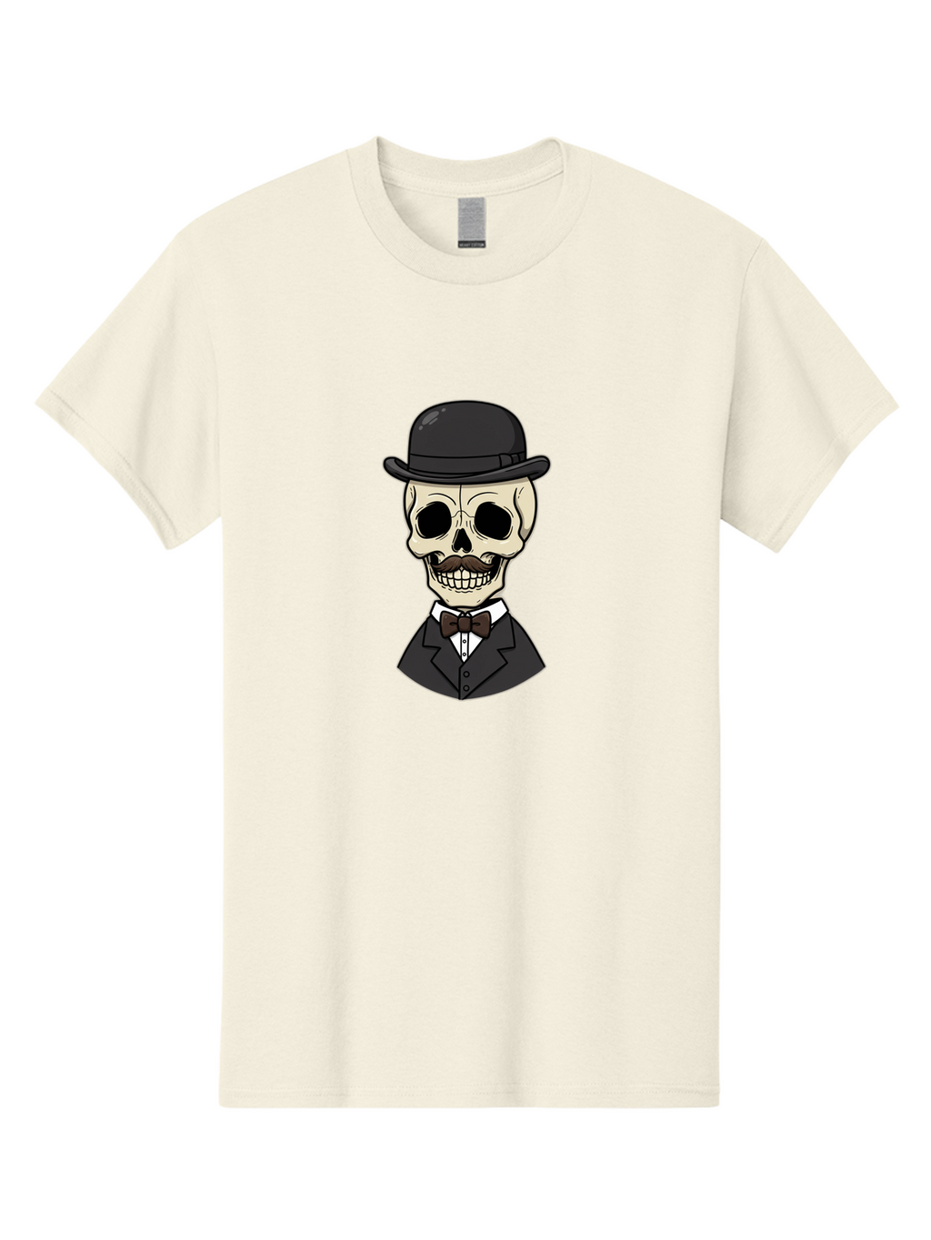 Skull-In-Suit Men'S Graphic Tee, 100% Cotton, Comfortable Casual Summer Wear, Machine Washable, Cartoon Skull, Bowler Hat, Black Suit, Bow Tie, White Shirt, Death Style, Gothic Fashion, Spooky Character, Halloween Theme, Skeleton Illustration, Bad592