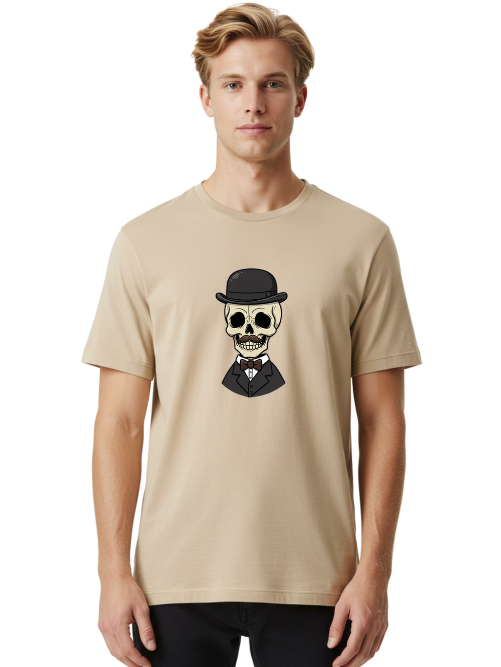 Skull-In-Suit Men'S Graphic Tee, 100% Cotton, Comfortable Casual Summer Wear, Machine Washable, Cartoon Skull, Bowler Hat, Black Suit, Bow Tie, White Shirt, Death Style, Gothic Fashion, Spooky Character, Halloween Theme, Skeleton Illustration, Bad592