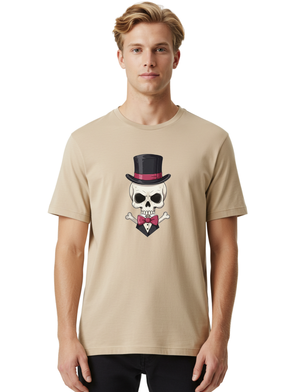 Skull-In-Top-Hat Men'S Graphic Tee, 100% Cotton, Comfortable Casual Summer Wear, Machine Washable, Skull, Crossbones, Top Hat, Bow Tie, Tuxedo, Formal Attire, Spooky, Halloween, Gothic Style, Dark Elegance, Macabre Charm Bad593