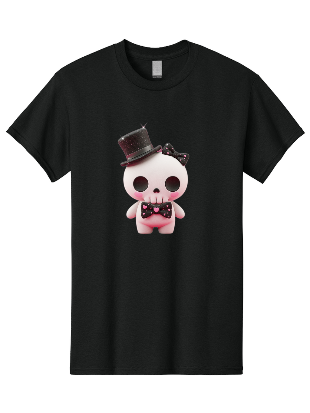 Skull-Kid Men'S Graphic Tee, 100% Cotton, Comfortable Casual Summer Wear, Machine Washable, Cute Skeleton Toy, Day Of The Dead Decoration, Sugar Skull Figurine, Black Top Hat, Bow Tie With Hearts, Pastel Colors, Quirky Collectible, Bad594