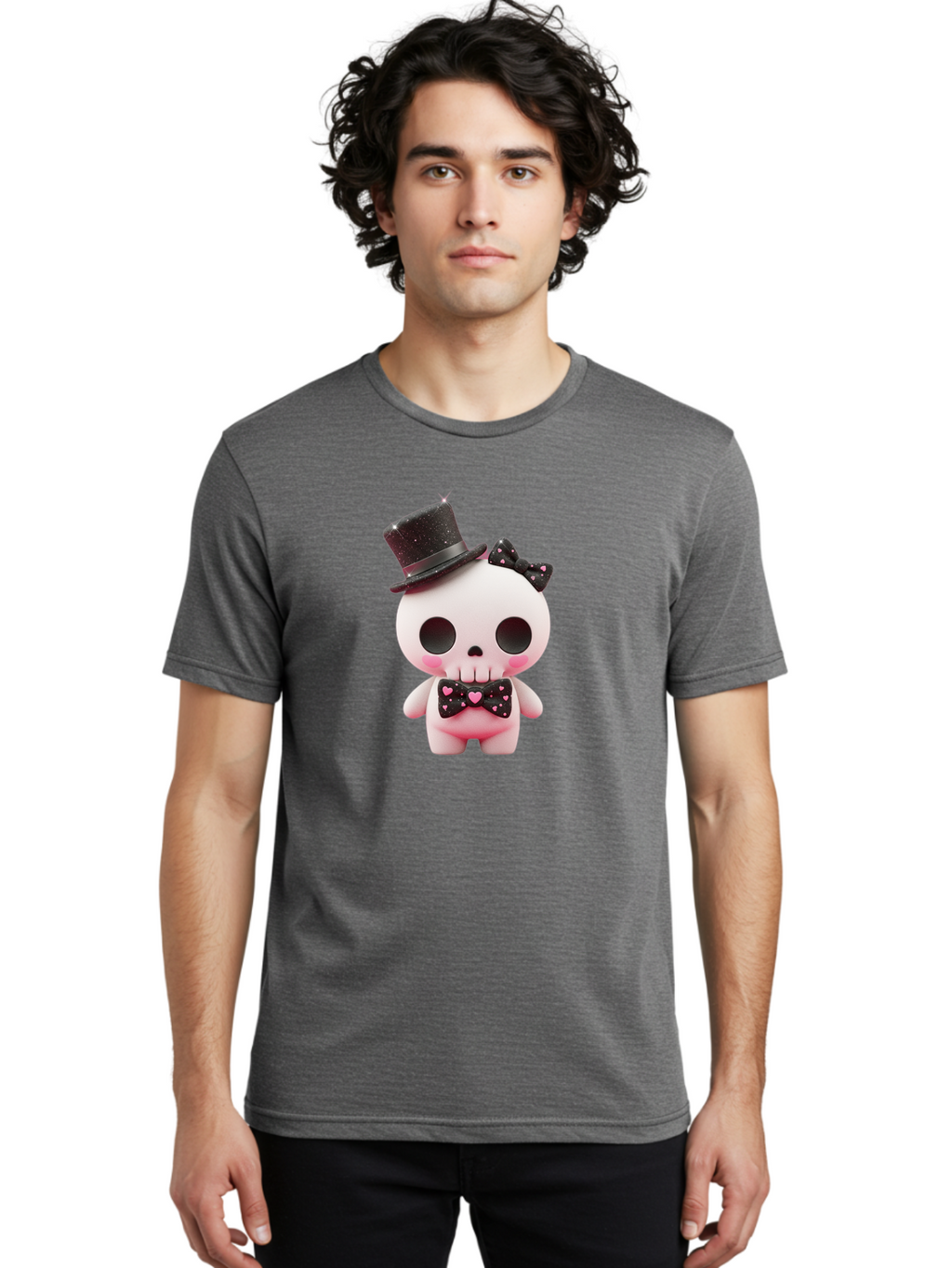 Skull-Kid Men'S Graphic Tee, 100% Cotton, Comfortable Casual Summer Wear, Machine Washable, Cute Skeleton Toy, Day Of The Dead Decoration, Sugar Skull Figurine, Black Top Hat, Bow Tie With Hearts, Pastel Colors, Quirky Collectible, Bad594