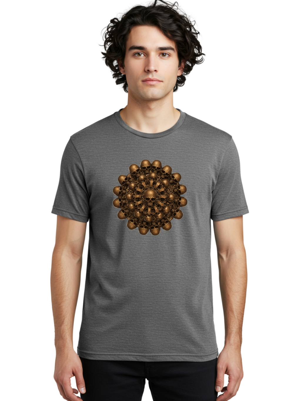 Skull-Mandala-2 Men'S Graphic Tee, 100% Cotton, Comfortable Casual Summer Wear, Machine Washable, Mandala Design, Skull Art, Bronze Skulls, Intricate Pattern, Symmetrical Composition, Dark Art, Gothic Decor, Skull Motif, Mystical Symbolism Bad596