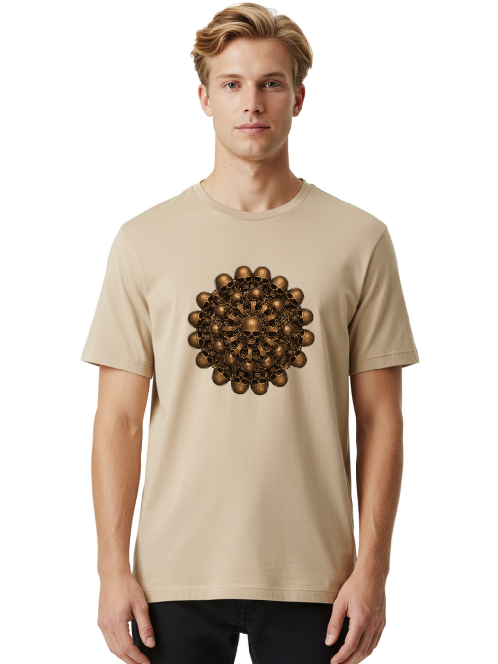 Skull-Mandala-2 Men'S Graphic Tee, 100% Cotton, Comfortable Casual Summer Wear, Machine Washable, Mandala Design, Skull Art, Bronze Skulls, Intricate Pattern, Symmetrical Composition, Dark Art, Gothic Decor, Skull Motif, Mystical Symbolism Bad596