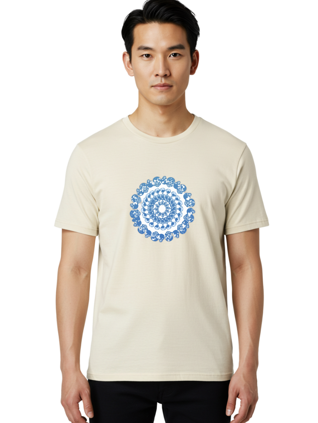Skull-Mandala-3 Men'S Graphic Tee, 100% Cotton, Comfortable Casual Summer Wear, Machine Washable, Blue And White Mandala, Intricate Illustrations, Stylized Human Heads, Concentric Pattern, Abstract Artwork, Surrealism, Artistic Expression, Bad597
