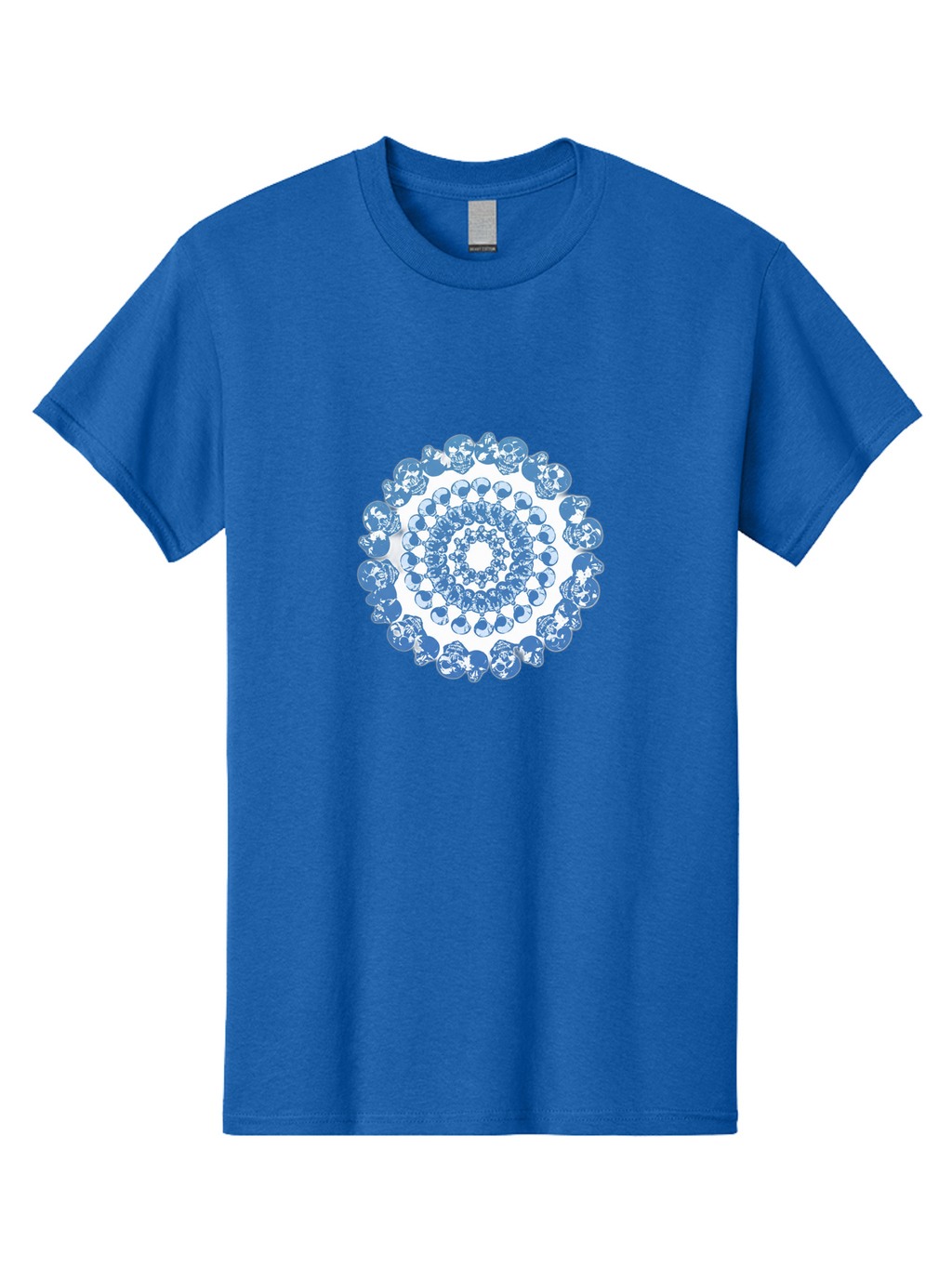 Skull-Mandala-3 Men'S Graphic Tee, 100% Cotton, Comfortable Casual Summer Wear, Machine Washable, Blue And White Mandala, Intricate Illustrations, Stylized Human Heads, Concentric Pattern, Abstract Artwork, Surrealism, Artistic Expression, Bad597