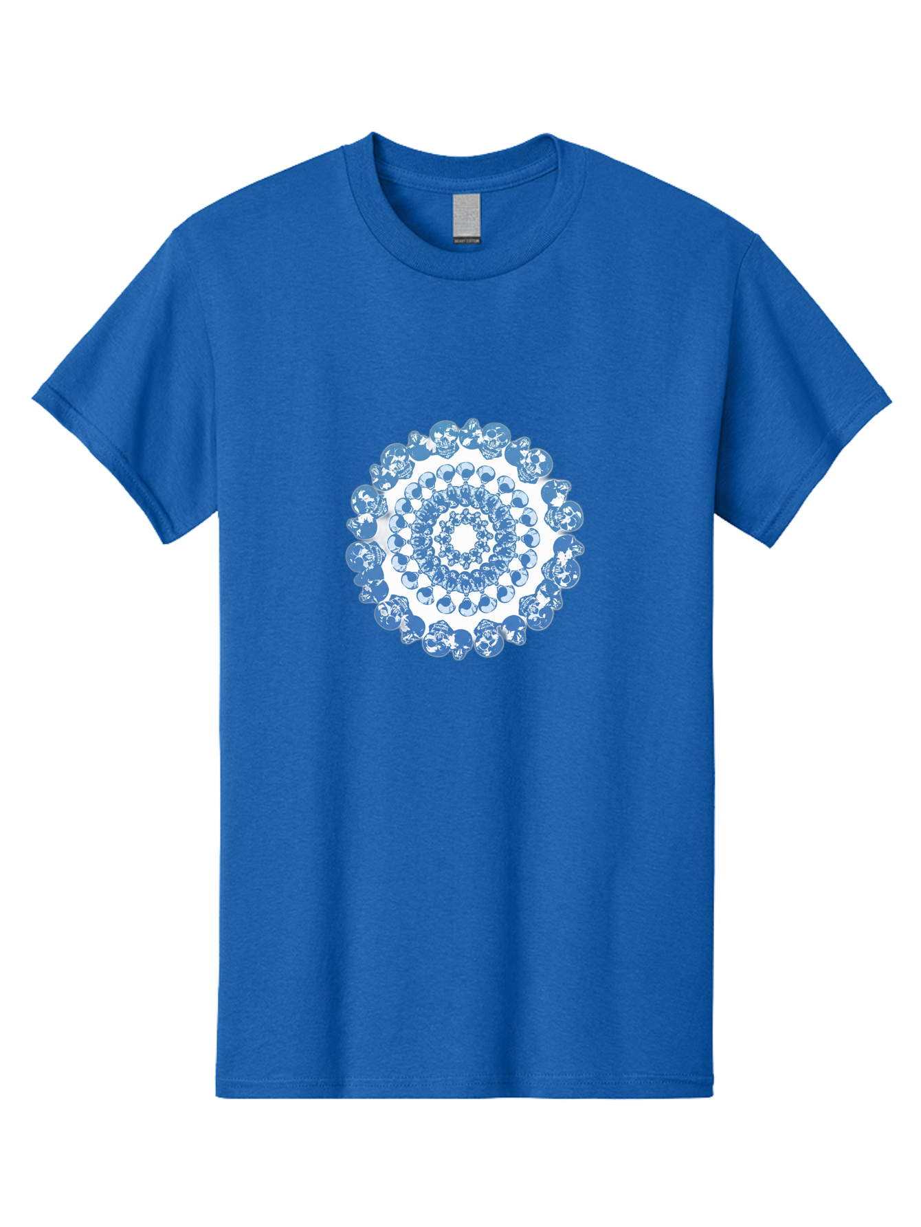 Skull-Mandala-3 Men'S Graphic Tee, 100% Cotton, Comfortable Casual Summer Wear, Machine Washable, Blue And White Mandala, Intricate Illustrations, Stylized Human Heads, Concentric Pattern, Abstract Artwork, Surrealism, Artistic Expression, Bad597