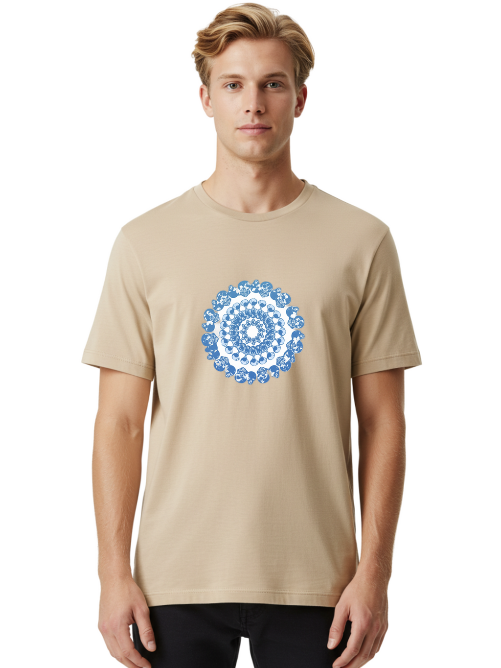 Skull-Mandala-3 Men'S Graphic Tee, 100% Cotton, Comfortable Casual Summer Wear, Machine Washable, Blue And White Mandala, Intricate Illustrations, Stylized Human Heads, Concentric Pattern, Abstract Artwork, Surrealism, Artistic Expression, Bad597