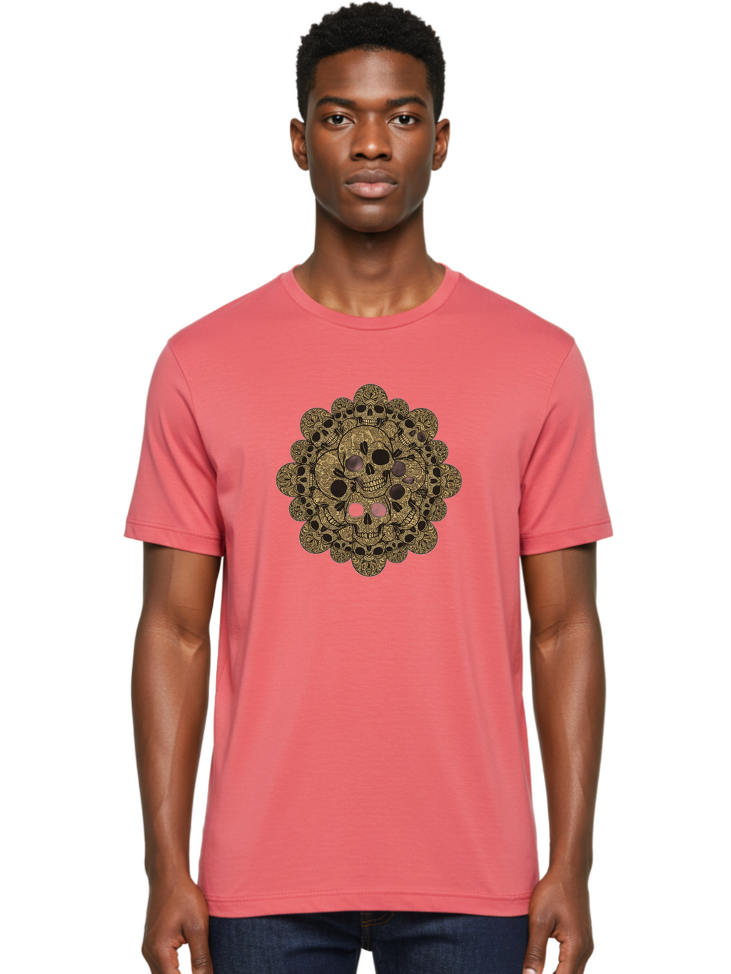 Skull-Mandala-4 Men'S Graphic Tee, 100% Cotton, Comfortable Casual Summer Wear, Machine Washable, Sugar Skulls, Floral Skull Design, Intricate Patterns, Day Of The Dead, Mexican Culture, Symbolic Art, Ornate Skulls Bad598