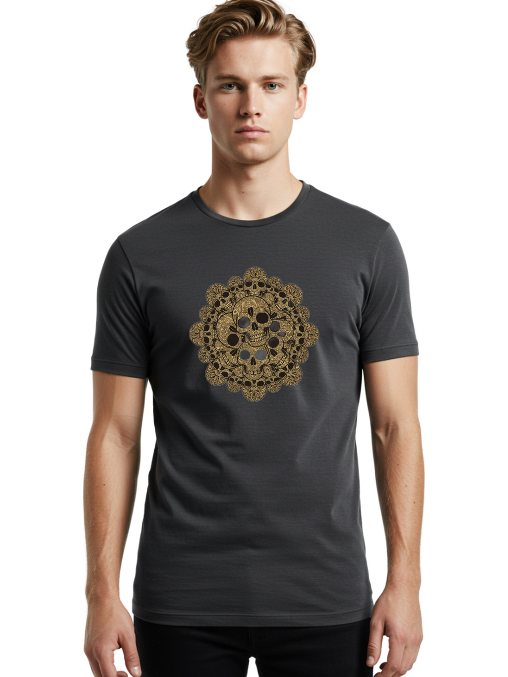 Skull-Mandala-4 Men'S Graphic Tee, 100% Cotton, Comfortable Casual Summer Wear, Machine Washable, Sugar Skulls, Floral Skull Design, Intricate Patterns, Day Of The Dead, Mexican Culture, Symbolic Art, Ornate Skulls Bad598
