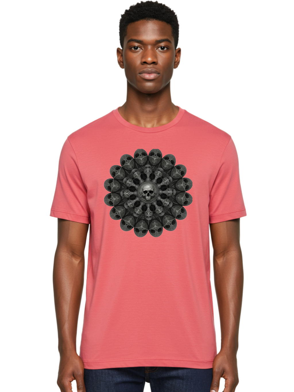 Skull-Mandala-6 Men'S Graphic Tee, 100% Cotton, Comfortable Casual Summer Wear, Machine Washable, Mandala Skull, Skull Pattern, Multiple Skulls, Gothic Art, Dark Art, Surrealism, Symbolic Imagery, Intricate Design, Mysticism, Bad600